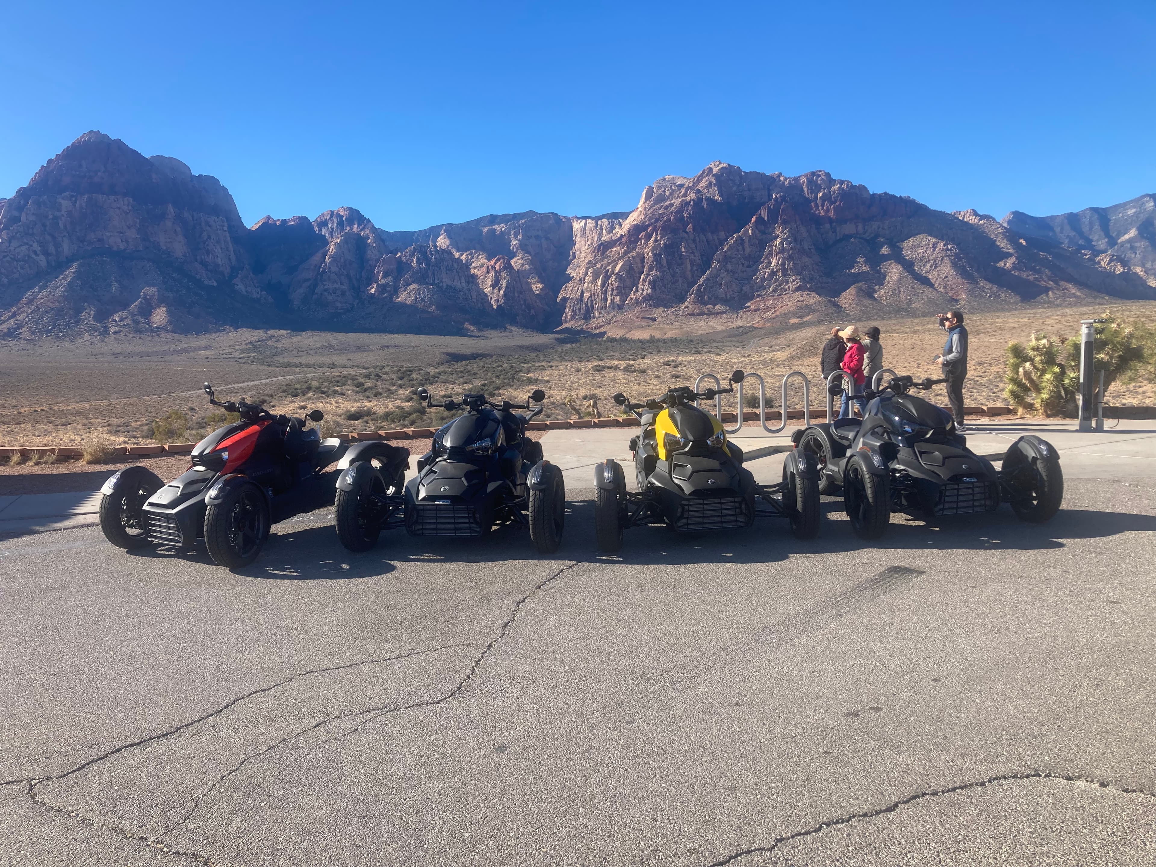 A group of Can-Am Rykers lined up at Red Rock Canyon