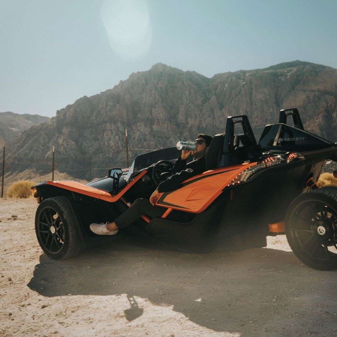 Polaris Slingshot rolling through the desert outside Las Vegas